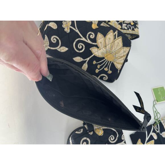 Vera Bradley Yellow Bird 3 Pc Set Tote Wallet Cosmetic Quilted Black - Picture 7 of 8